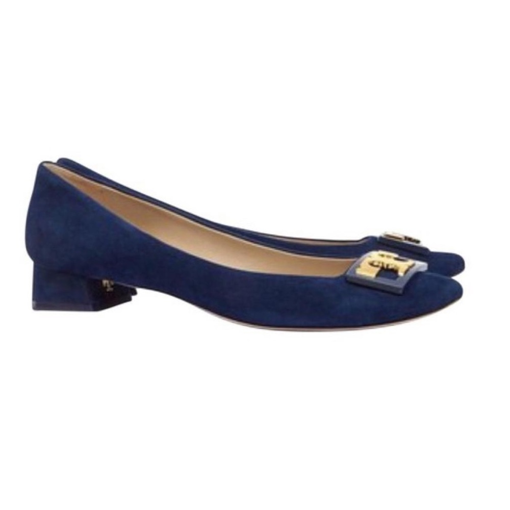 SOLD- Tory Burch Navy Gigi Logo Suede 25mm Pump - Picture 1 of 8